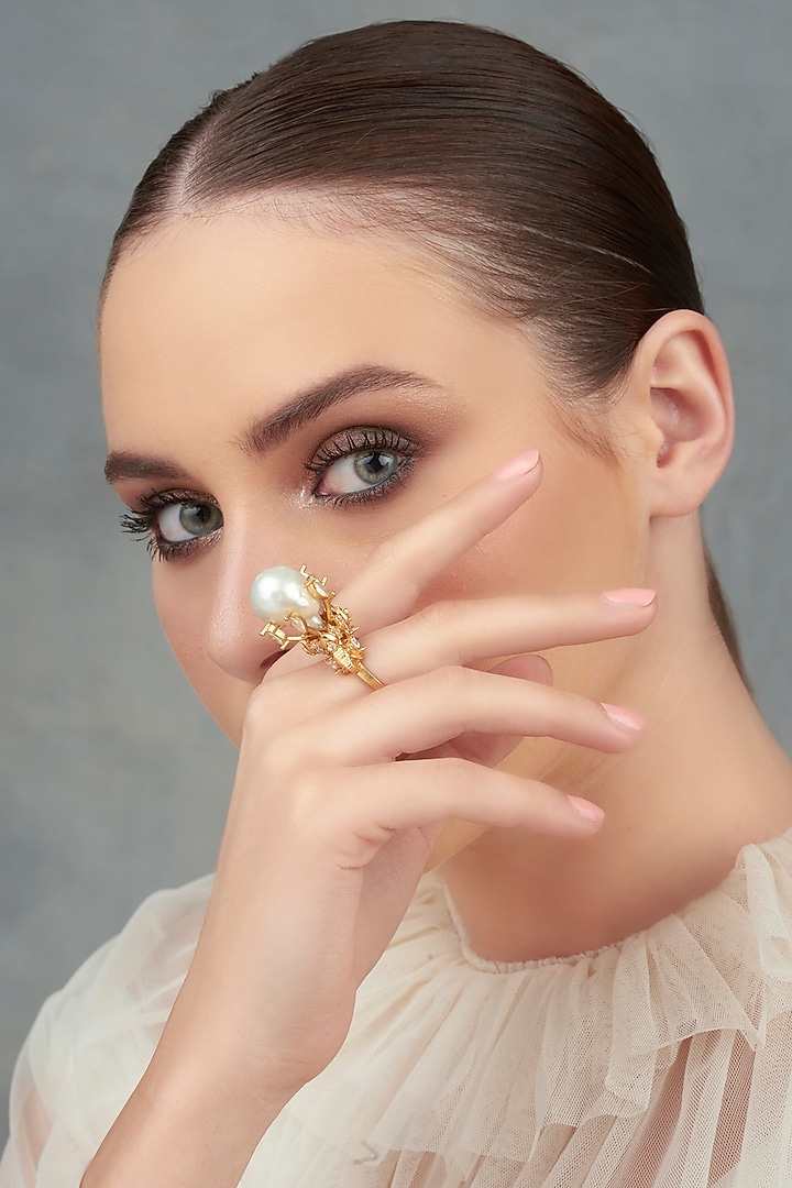 Gold Plated Baroque Pearl & Swarovski Ring by Opalina at Pernia's Pop Up Shop