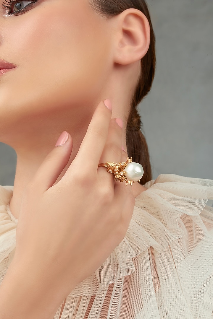 Gold Plated Baroque Pearl & Swarovski Ring by Opalina at Pernia's Pop Up Shop
