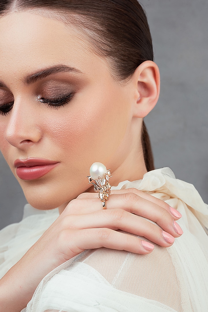 Rose Gold Plated Baroque Pearl & Swarovski Ring by Opalina at Pernia's Pop Up Shop