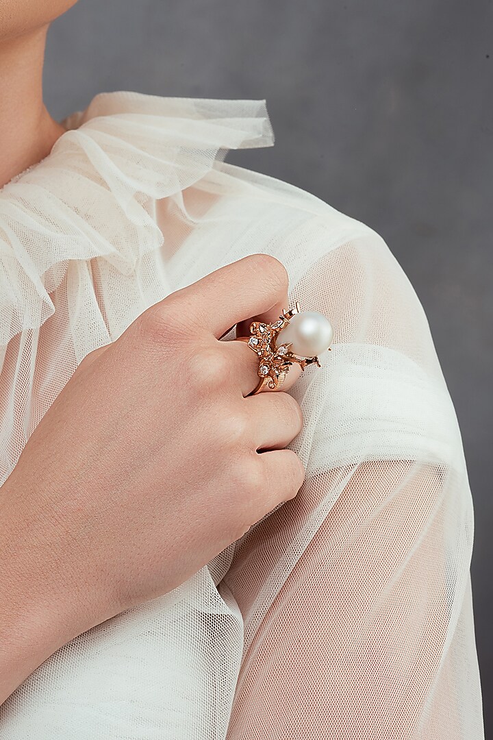Rose Gold Plated Baroque Pearl & Swarovski Ring by Opalina at Pernia's Pop Up Shop