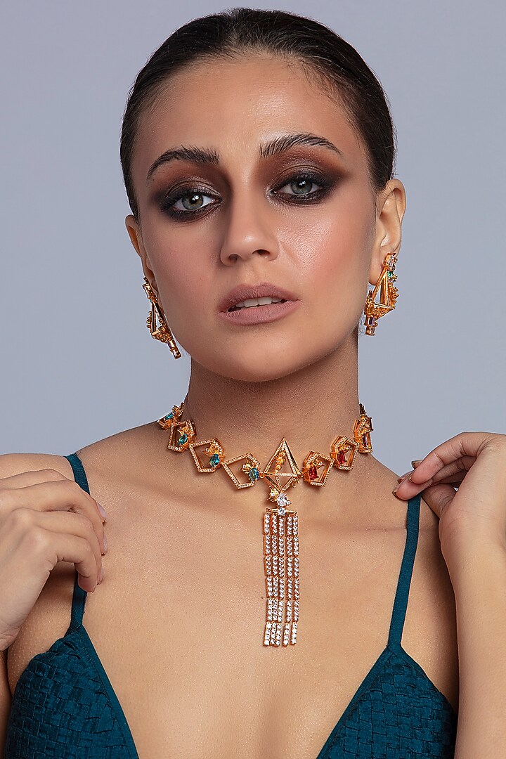 Gold Finish Crystals Handcrafted Choker Necklace by Opalina at Pernia's Pop Up Shop