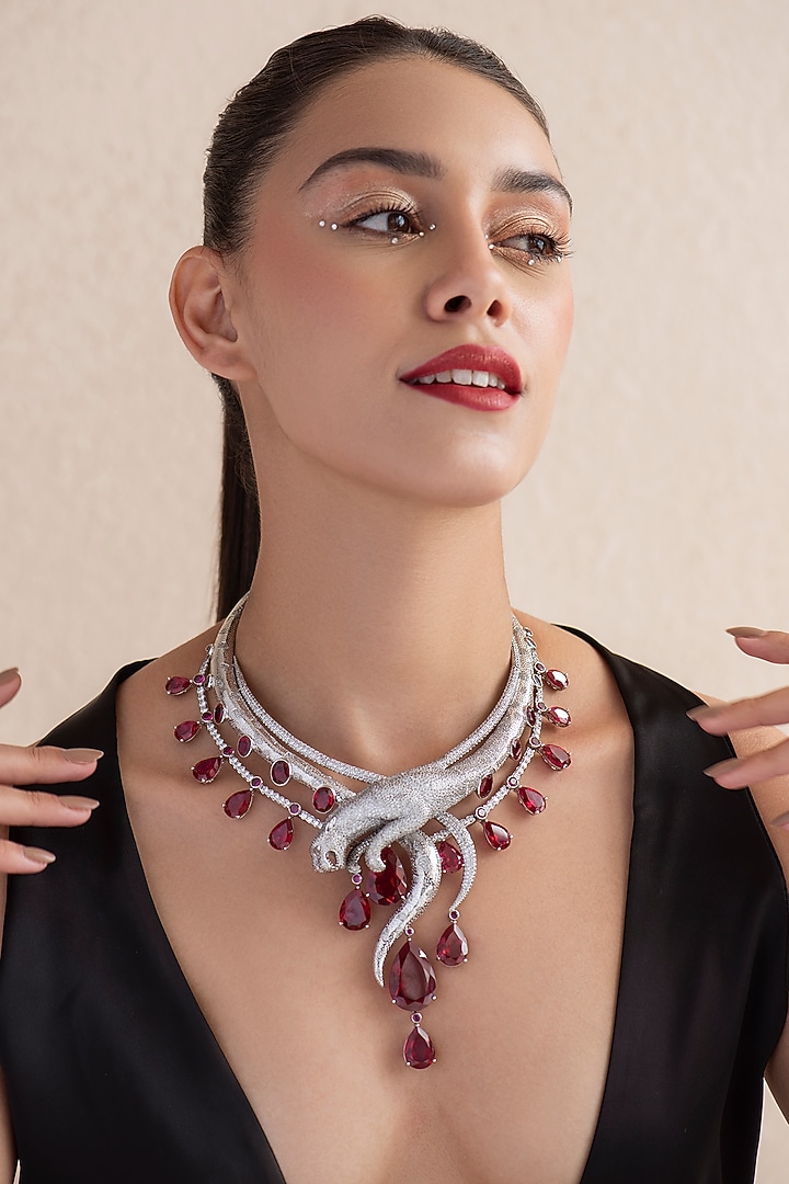 White Finish Red Swarovski Long Necklace In Sterling Silver by Opalina at Pernia's Pop Up Shop