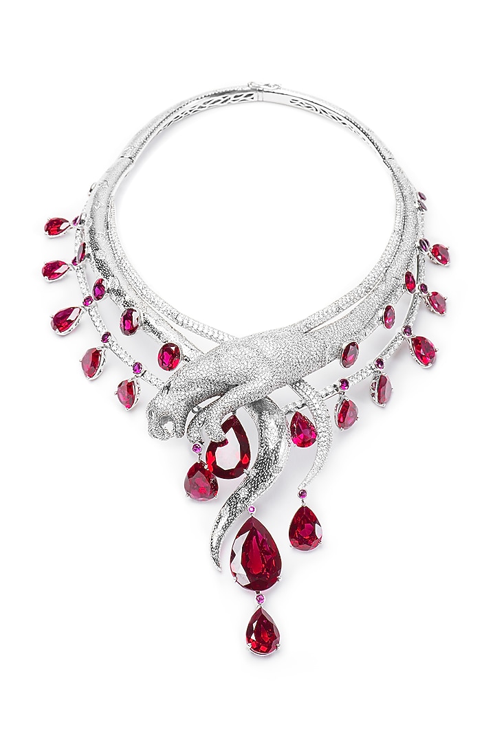 White Finish Red Swarovski Long Necklace In Sterling Silver by Opalina at Pernia's Pop Up Shop