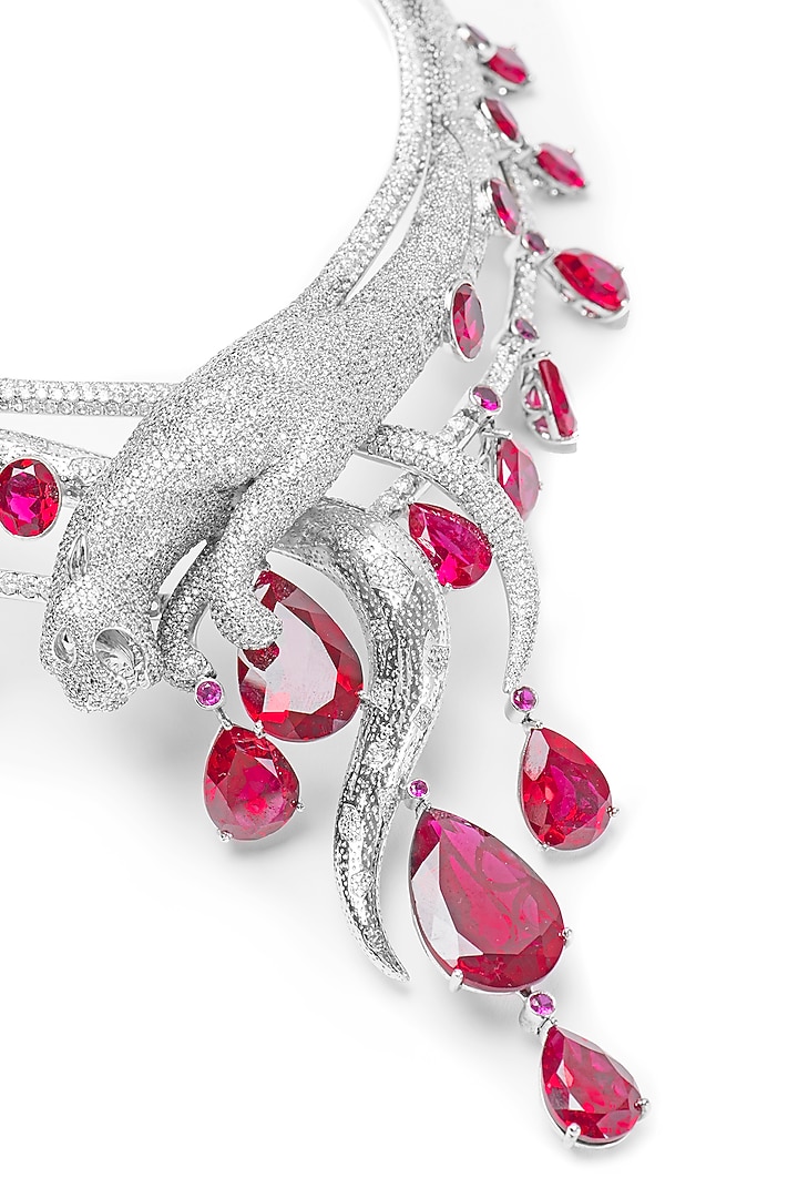 White Finish Red Swarovski Long Necklace In Sterling Silver by Opalina at Pernia's Pop Up Shop