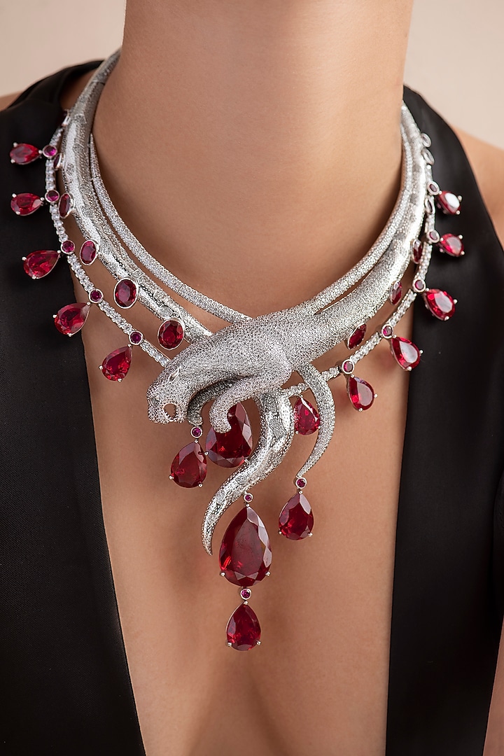 White Finish Red Swarovski Long Necklace In Sterling Silver by Opalina at Pernia's Pop Up Shop