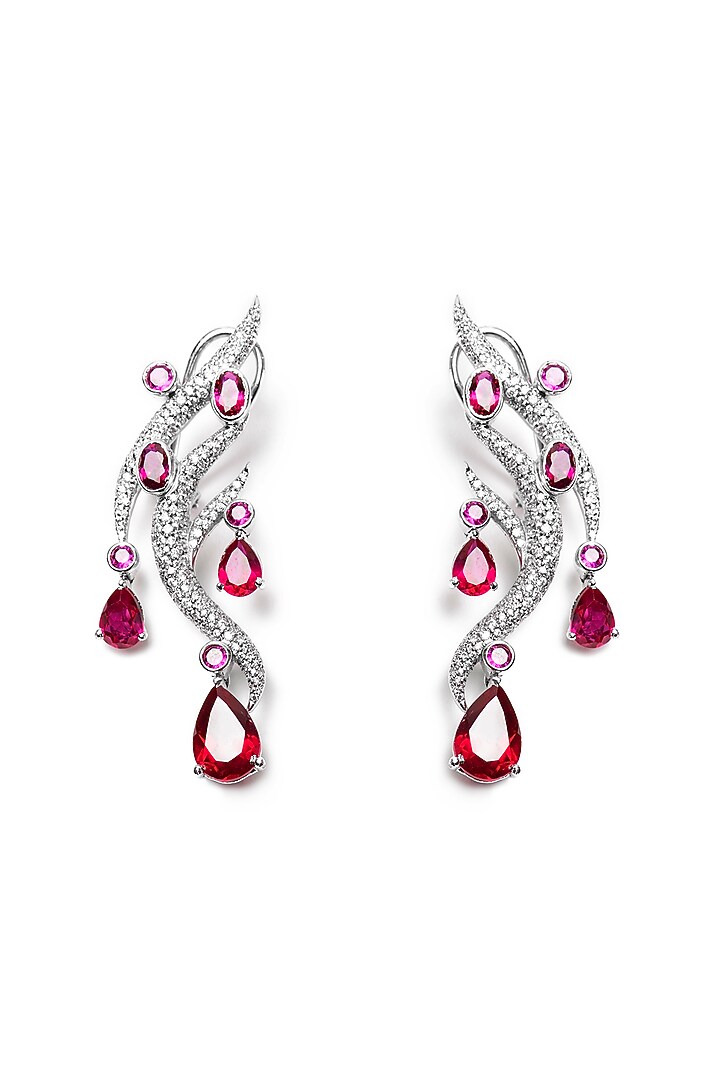 White Finish Red Swarovski Dangler Earrings In Sterling Silver by Opalina at Pernia's Pop Up Shop