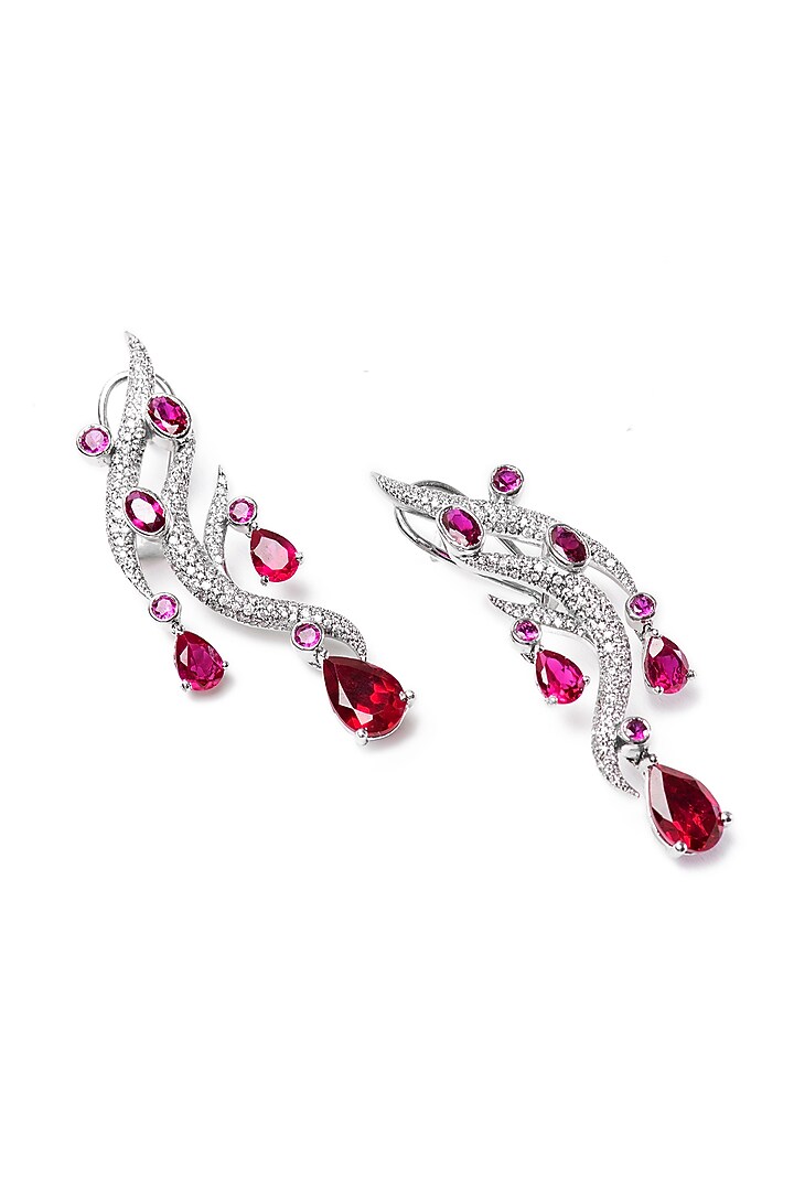 White Finish Red Swarovski Dangler Earrings In Sterling Silver by Opalina at Pernia's Pop Up Shop