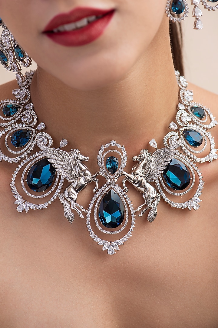 White Finish Blue Swarovski Necklace In Sterling Silver by Opalina at Pernia's Pop Up Shop
