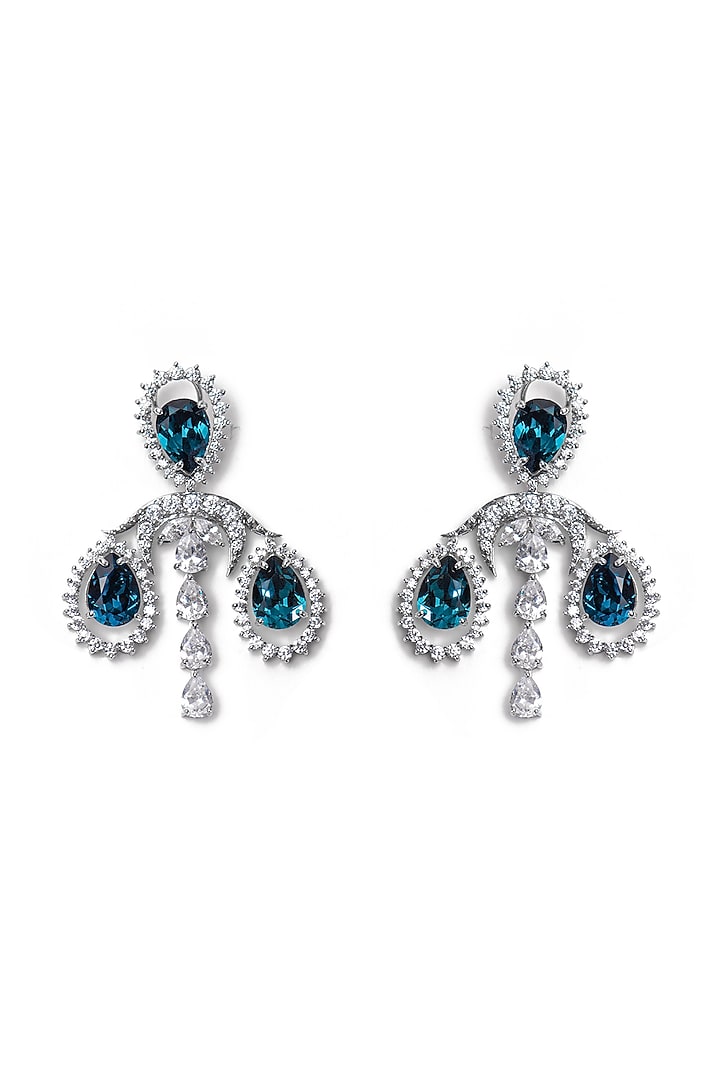 White Finish Blue Swarovski Dangler Earrings In Sterling Silver by Opalina at Pernia's Pop Up Shop