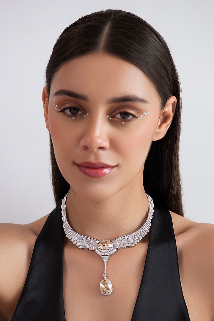White Finish Champagne Swarovski Long Necklace In Sterling Silver by Opalina at Pernia's Pop Up Shop