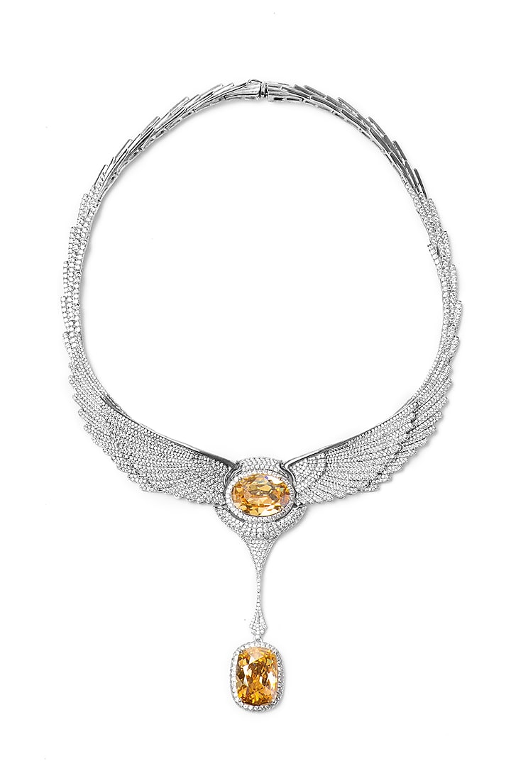 White Finish Champagne Swarovski Long Necklace In Sterling Silver by Opalina at Pernia's Pop Up Shop