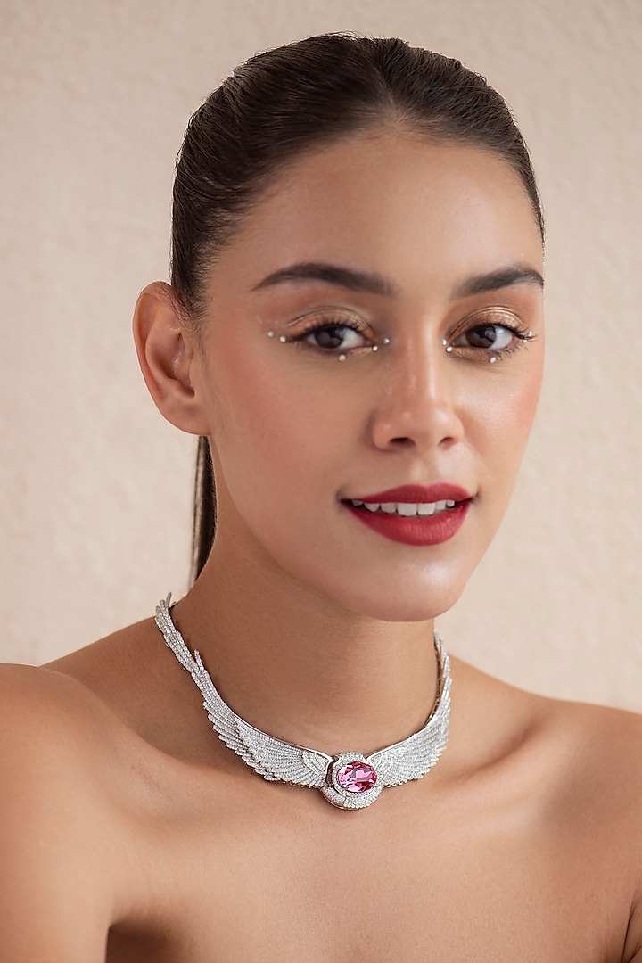 White Finish Pink Swarovski Necklace In Sterling Silver by Opalina at Pernia's Pop Up Shop