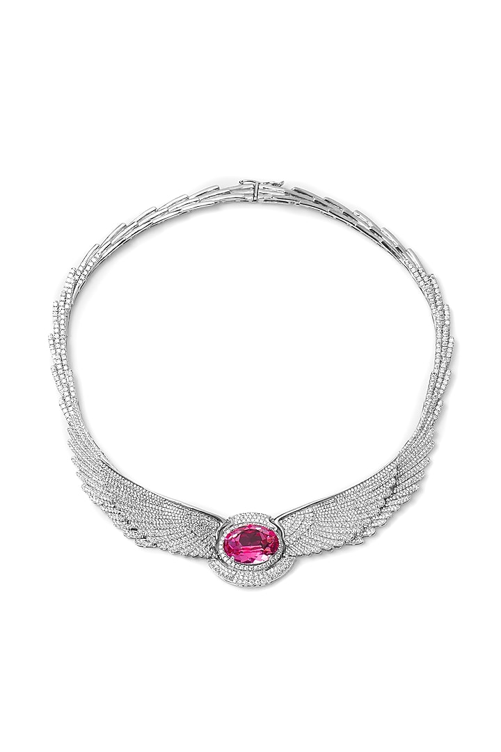 White Finish Pink Swarovski Necklace In Sterling Silver by Opalina at Pernia's Pop Up Shop