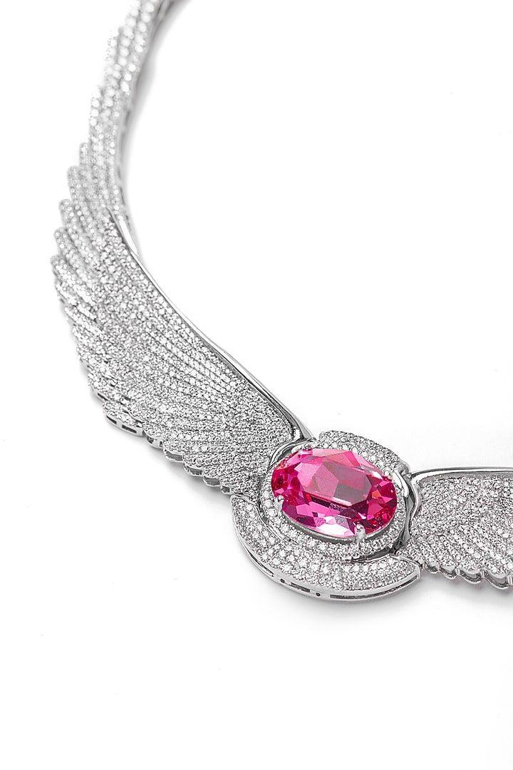 White Finish Pink Swarovski Necklace In Sterling Silver by Opalina at Pernia's Pop Up Shop