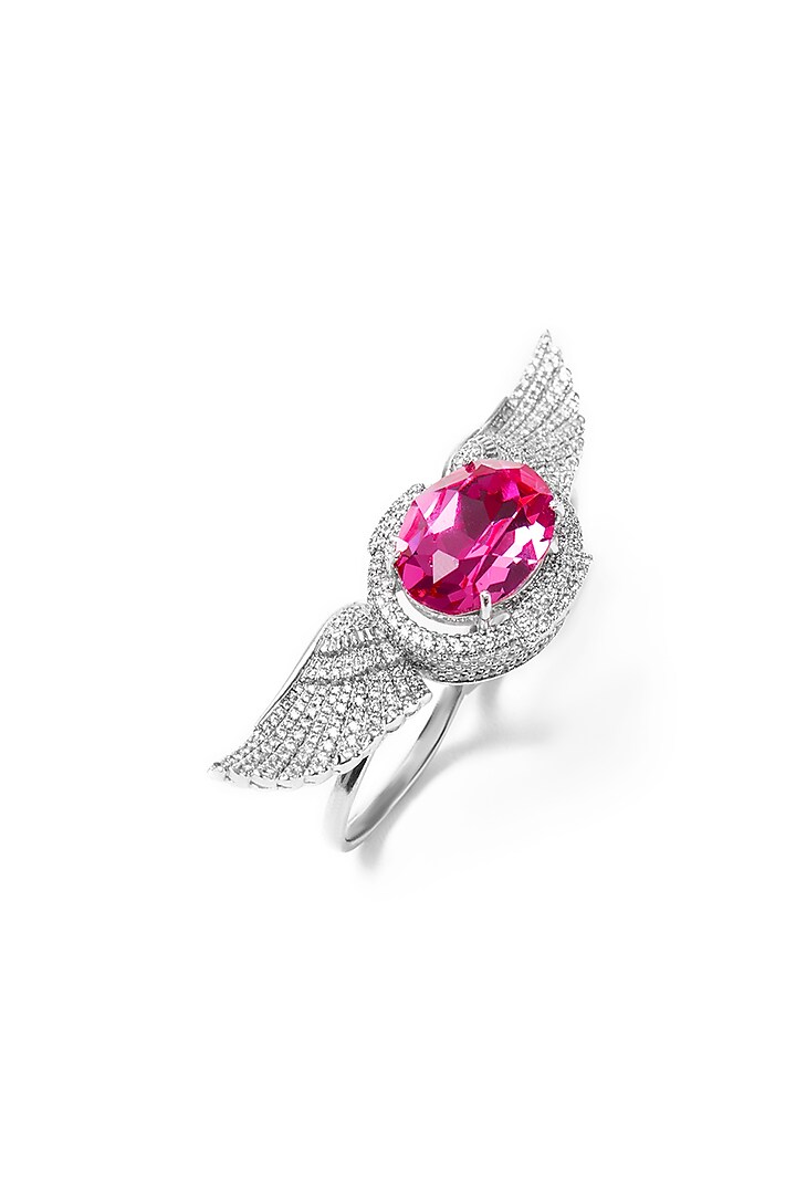 White Finish Pink Swarovski Ring In Sterling Silver by Opalina at Pernia's Pop Up Shop