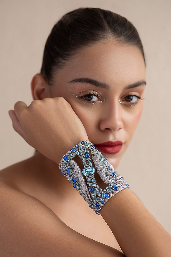 White Finish Aqua Swarovski Cuff In Sterling Silver by Opalina at Pernia's Pop Up Shop