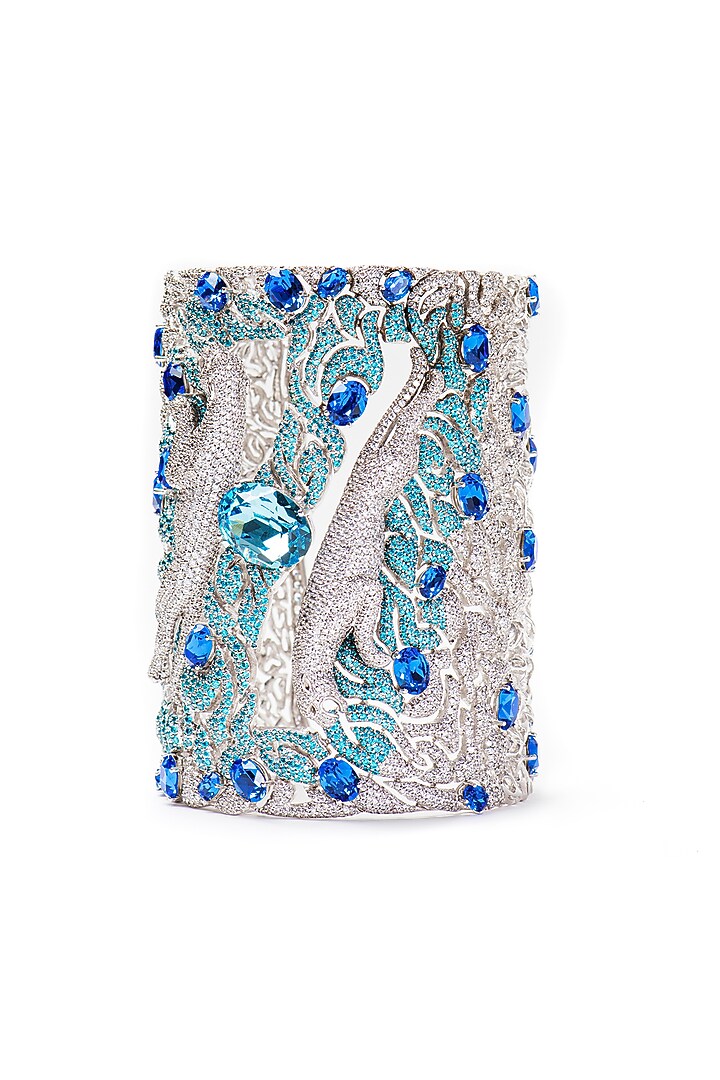 White Finish Aqua Swarovski Cuff In Sterling Silver by Opalina at Pernia's Pop Up Shop