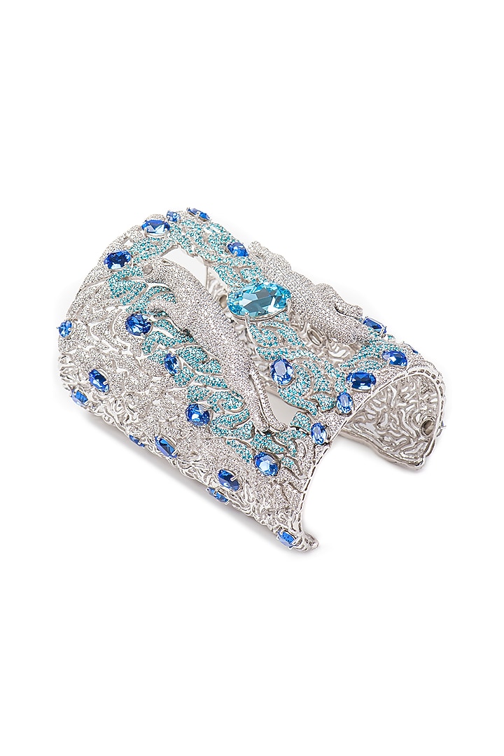 White Finish Aqua Swarovski Cuff In Sterling Silver by Opalina at Pernia's Pop Up Shop