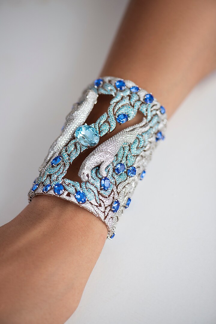 White Finish Aqua Swarovski Cuff In Sterling Silver by Opalina at Pernia's Pop Up Shop