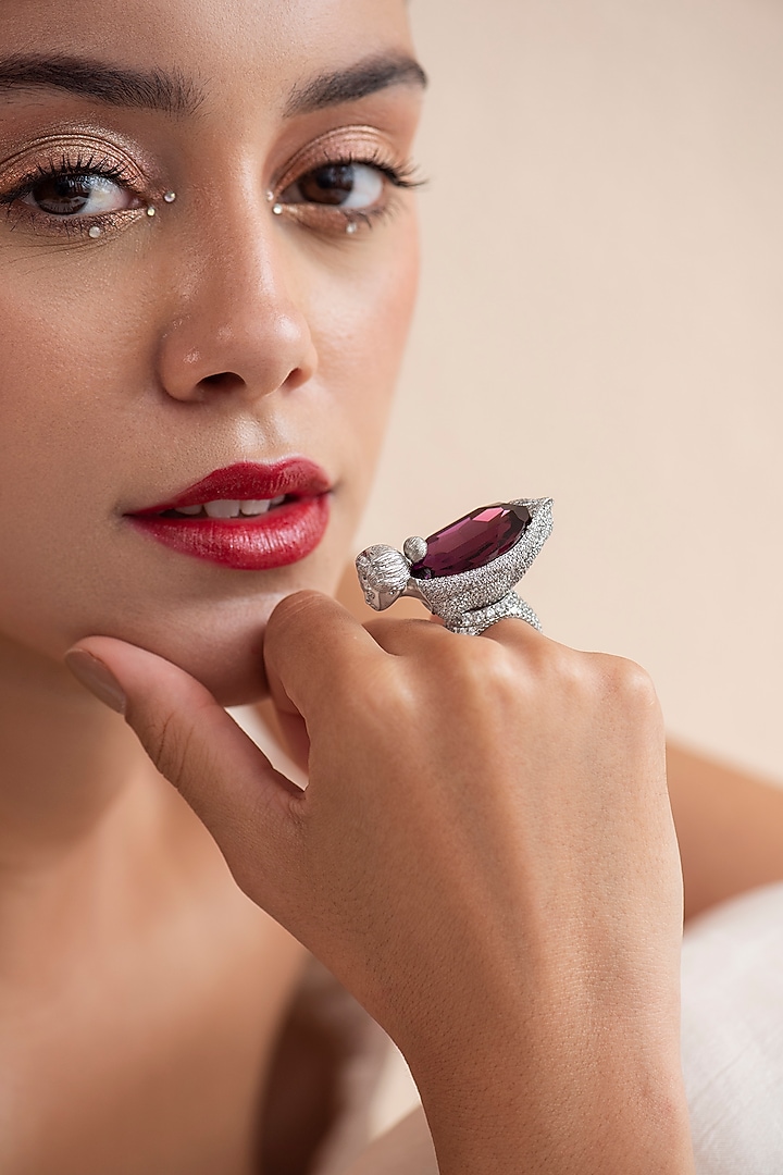 White Finish Purple Swarovski Ring In Sterling Silver by Opalina at Pernia's Pop Up Shop
