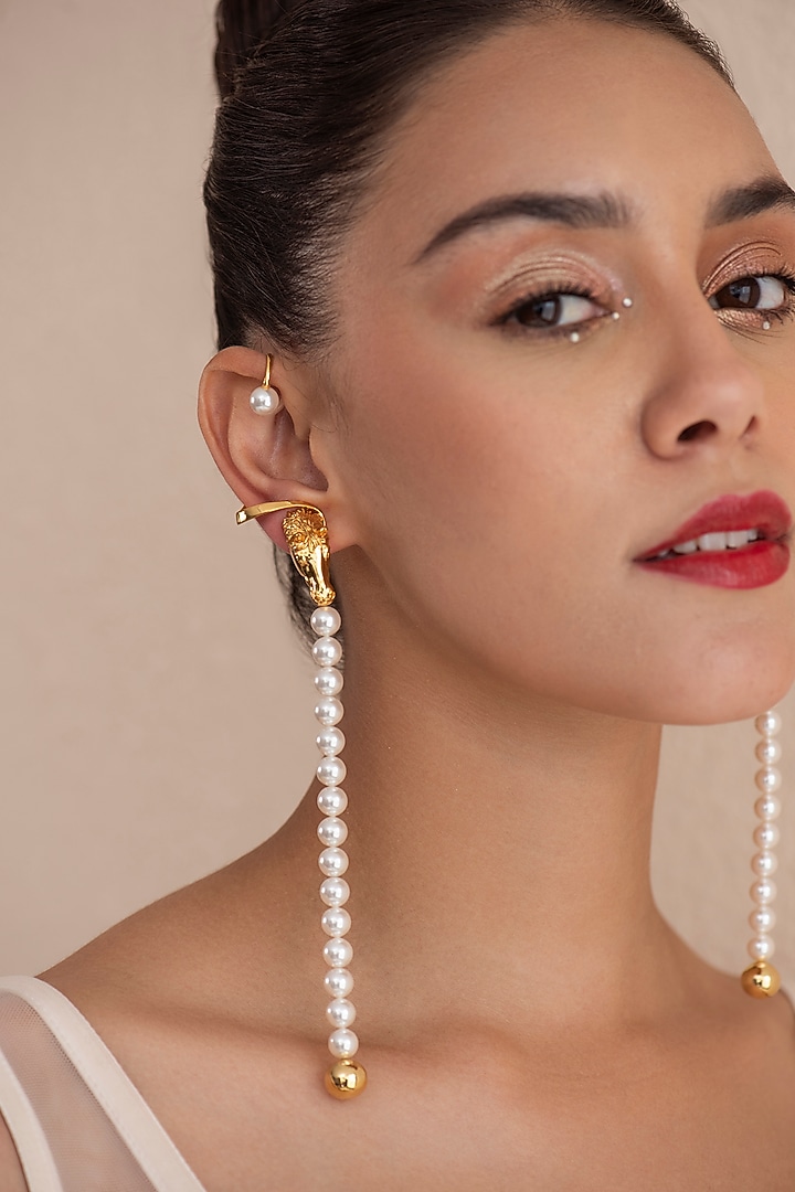 Gold Plated Swarovski Pearl Dangler Earrings In Sterling Silver by