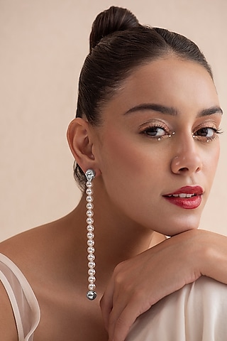 White Finish Swarovski Pearl Dangler Earrings In Sterling Silver by Opalina