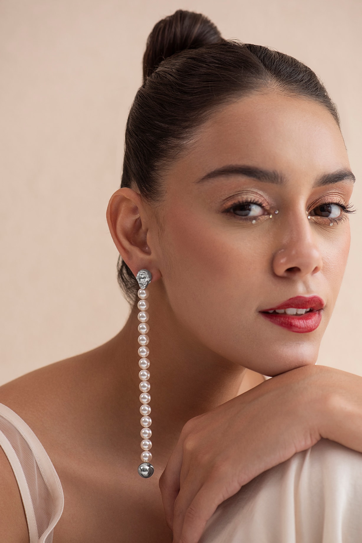 White Finish Swarovski Pearl Dangler Earrings In Sterling Silver