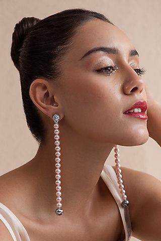 White Finish Pink Swarovski Pearl Dangler Earrings In Sterling Silver by Opalina