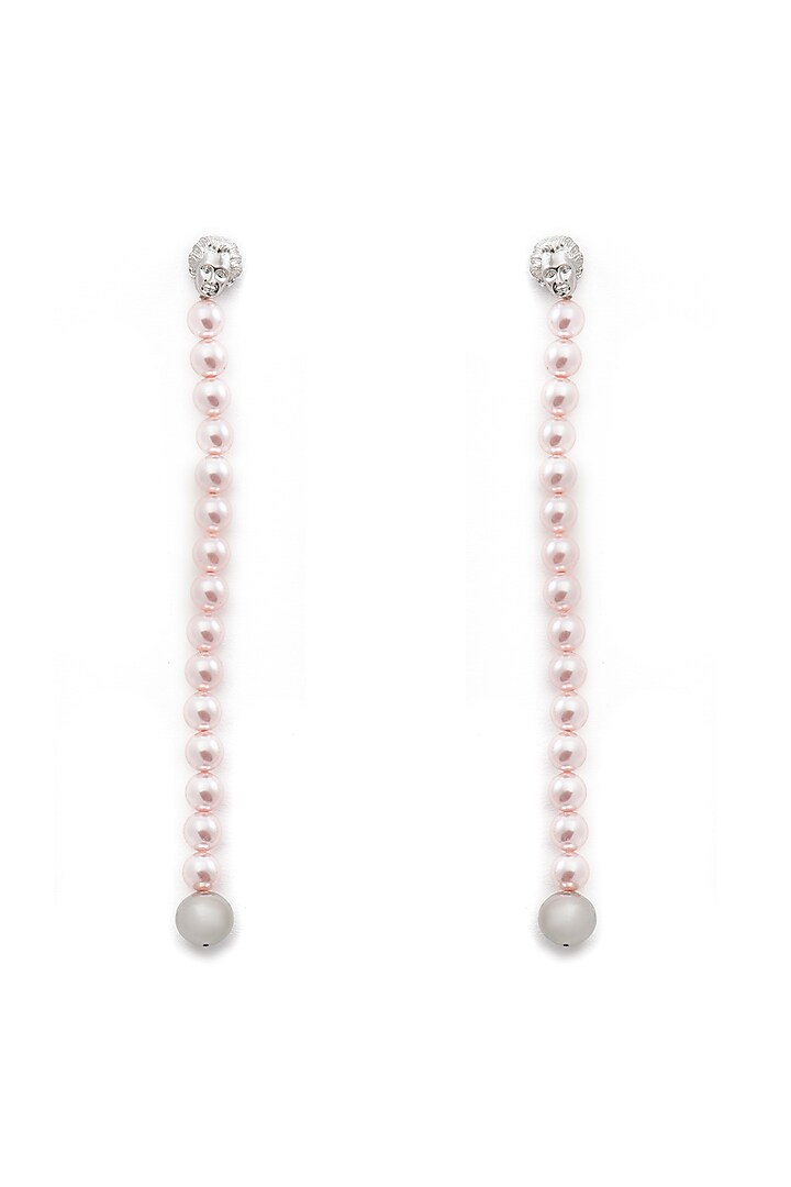 White Finish Pink Swarovski Pearl Dangler Earrings In Sterling Silver by Opalina at Pernia's Pop Up Shop