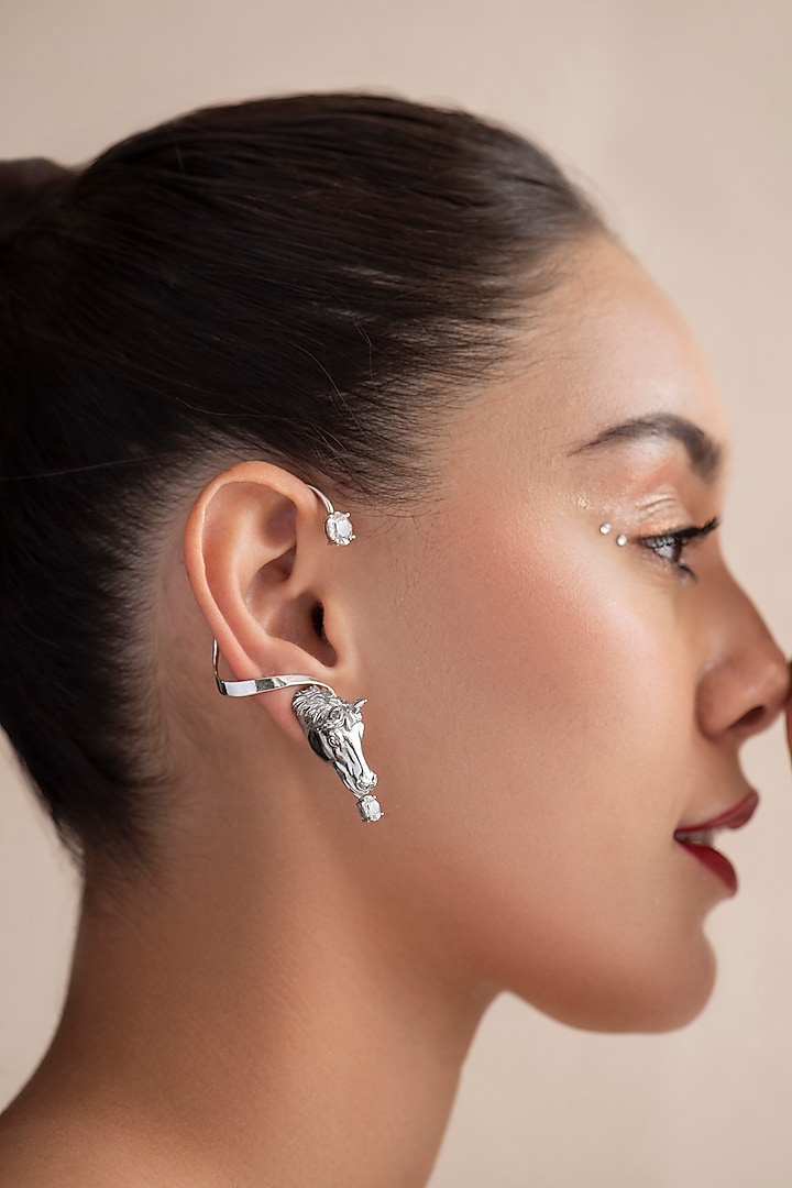 White Finish Swarovski Stone Horse Face Ear Cuff In Sterling Silver by Opalina at Pernia's Pop Up Shop