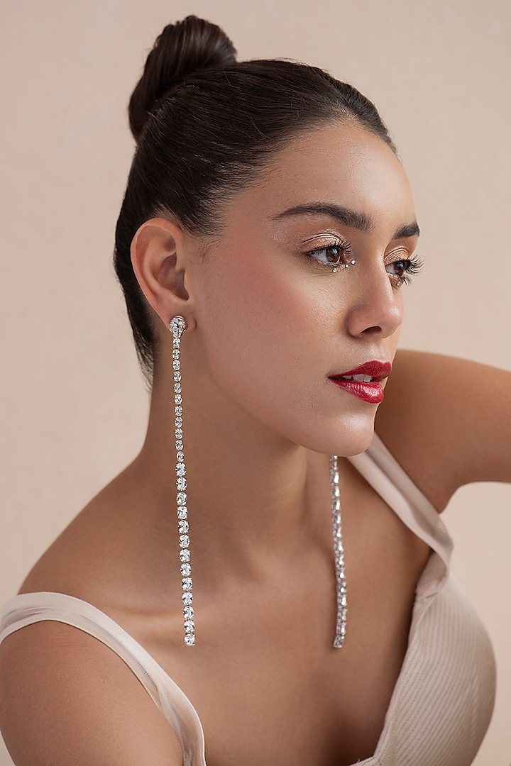 White Finish Swarovski Crystal Dangler Earrings In Sterling Silver by Opalina