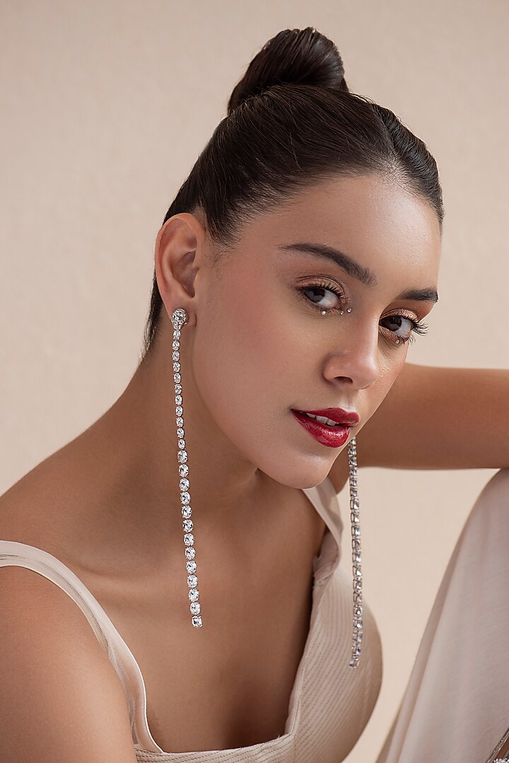 White Finish Swarovski Crystal Dangler Earrings In Sterling Silver by Opalina at Pernia's Pop Up Shop