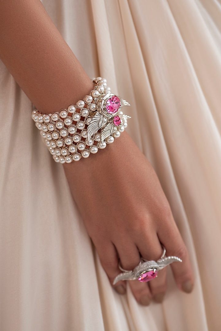 White Finish Swarovski Crystal & Pearl Handcuff In Sterling Silver by Opalina