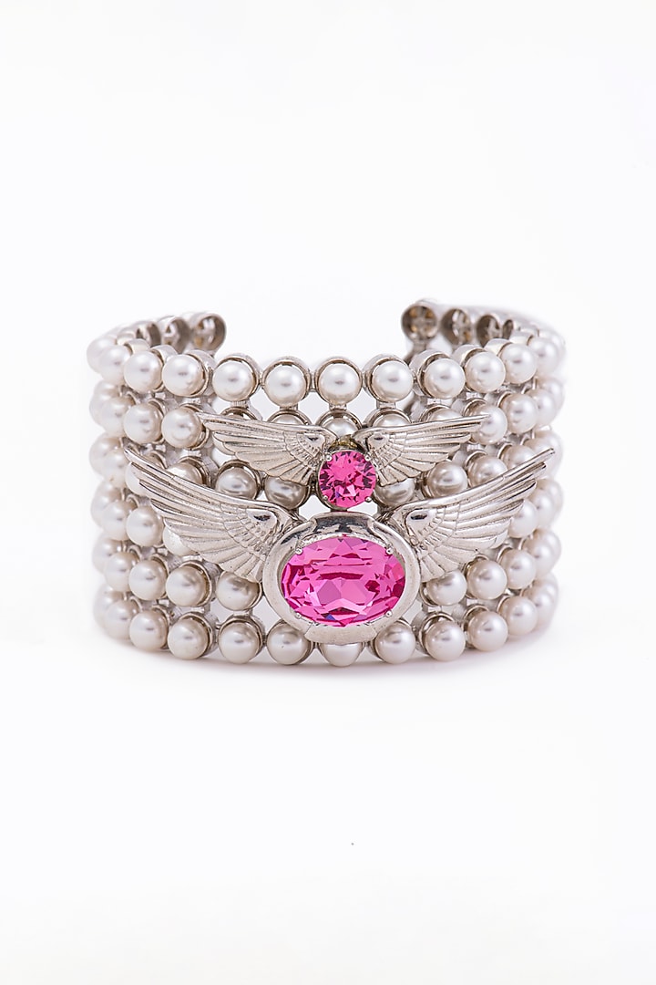 White Finish Swarovski Crystal & Pearl Handcuff In Sterling Silver by Opalina at Pernia's Pop Up Shop