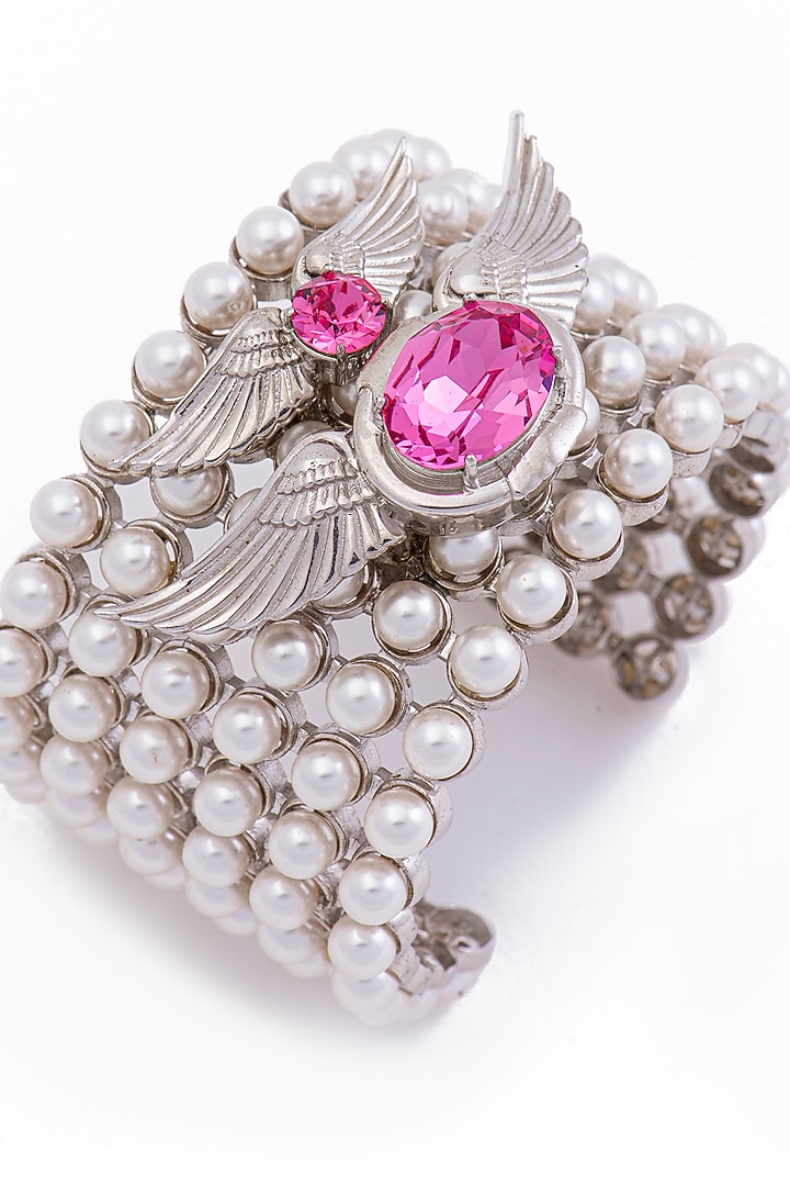 White Finish Swarovski Crystal & Pearl Handcuff In Sterling Silver by Opalina at Pernia's Pop Up Shop