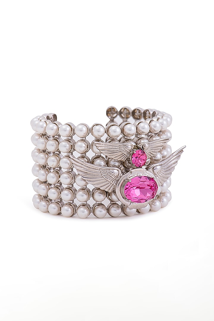 White Finish Swarovski Crystal & Pearl Handcuff In Sterling Silver by Opalina at Pernia's Pop Up Shop
