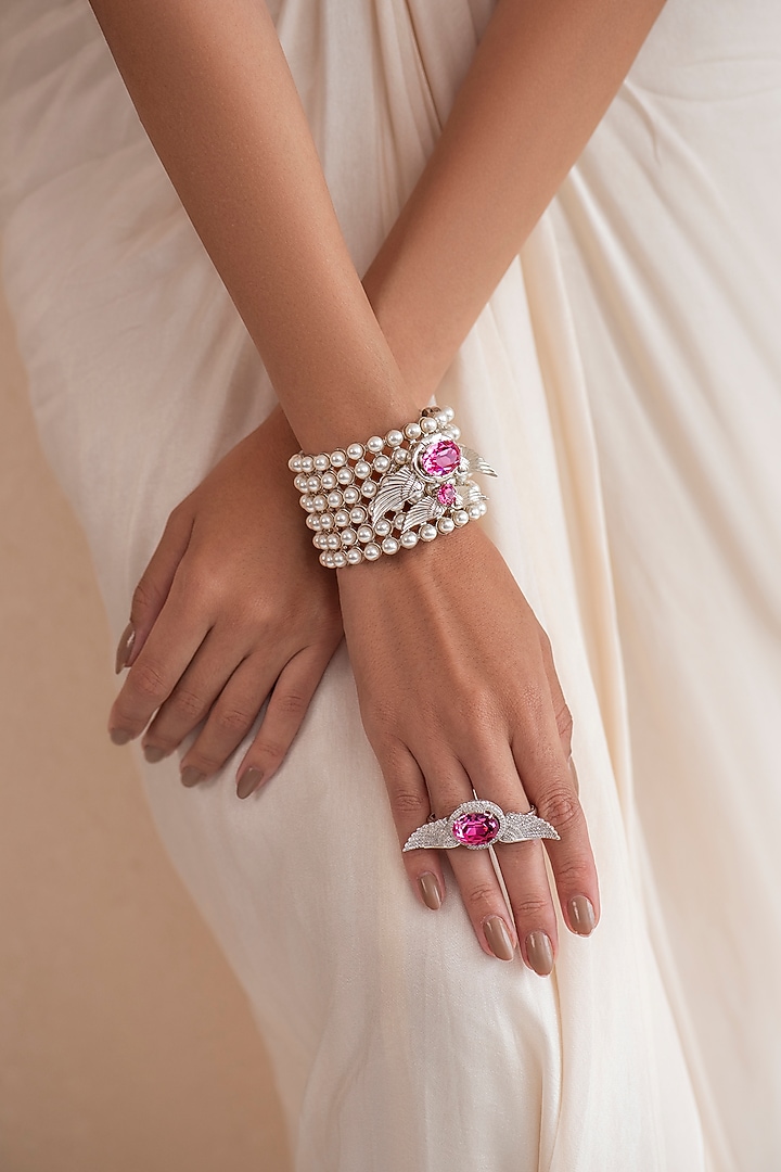 White Finish Swarovski Crystal & Pearl Handcuff In Sterling Silver by Opalina at Pernia's Pop Up Shop