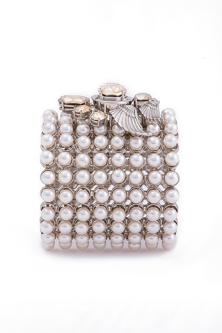White Finish Swarovski Crystal & Pearl Handcuff In Sterling Silver by Opalina at Pernia's Pop Up Shop