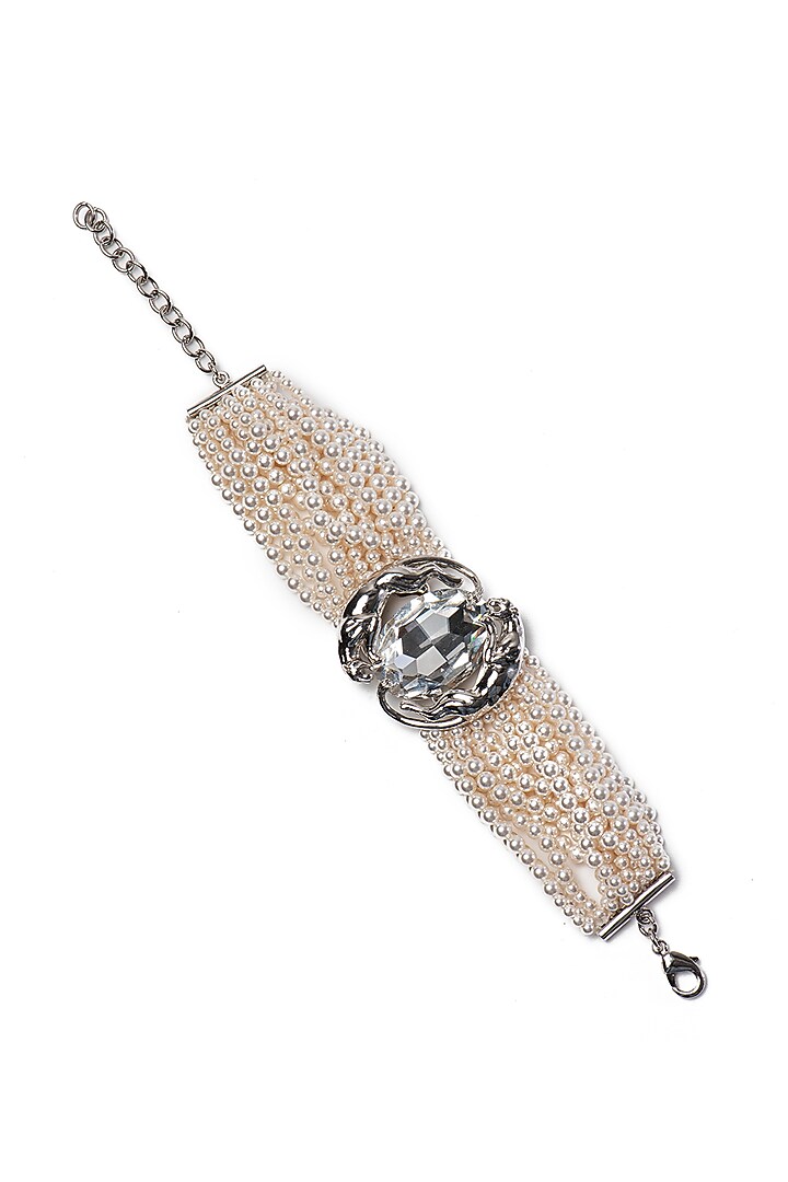 White Finish Swarovski Crystal & Pearl Handcuff In Sterling Silver by Opalina at Pernia's Pop Up Shop