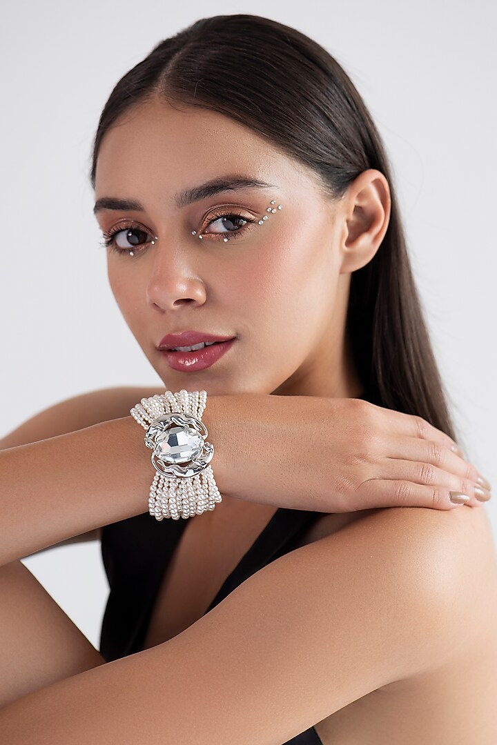 White Finish Swarovski Crystal & Pearl Handcuff In Sterling Silver by Opalina at Pernia's Pop Up Shop