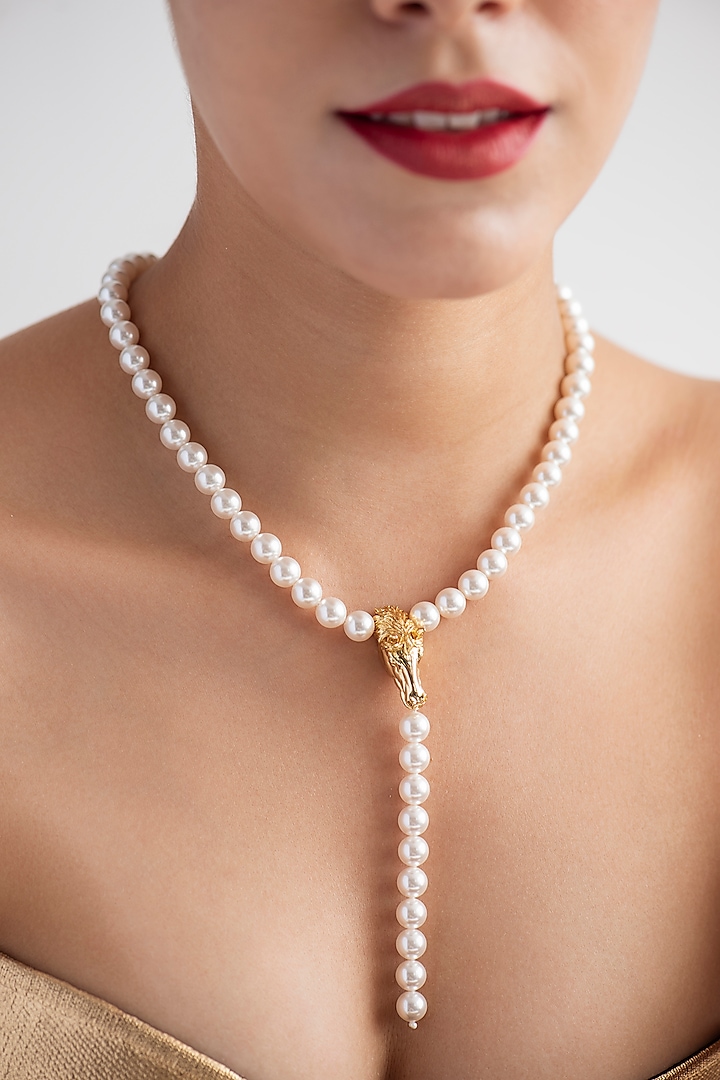 Gold Finish Swarovski Crystal & Pearl Necklace In Sterling Silver by Opalina