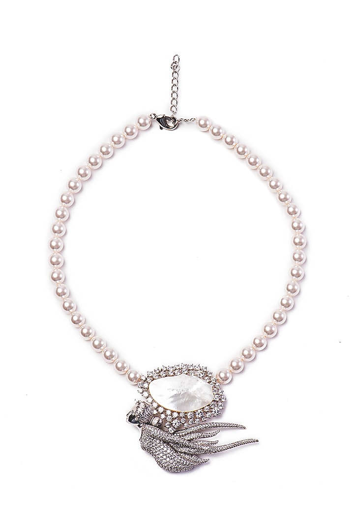 White Finish Swarovski Stone & Pearl Long Necklace In Sterling Silver by Opalina at Pernia's Pop Up Shop
