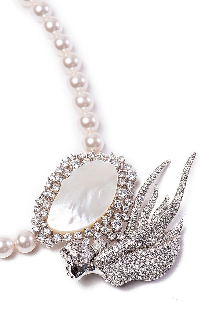 White Finish Swarovski Stone & Pearl Long Necklace In Sterling Silver by Opalina at Pernia's Pop Up Shop