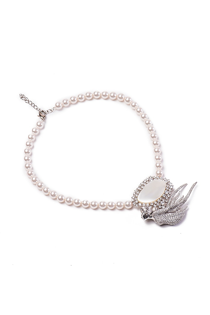 White Finish Swarovski Stone & Pearl Long Necklace In Sterling Silver by Opalina at Pernia's Pop Up Shop