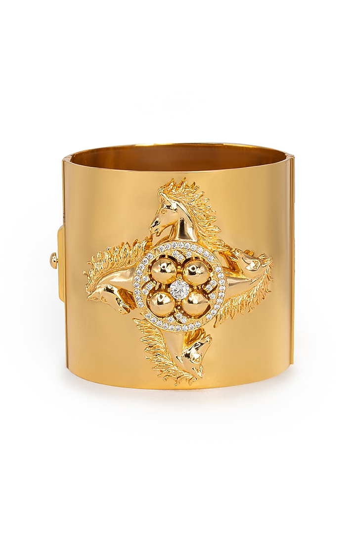 Gold Finish Swarovski Crystal Horse Motif Handcuff In Sterling Silver by Opalina at Pernia's Pop Up Shop