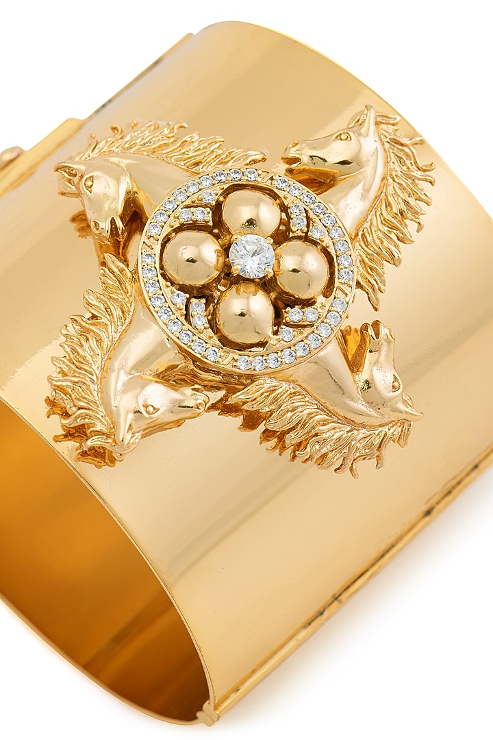 Gold Finish Swarovski Crystal Horse Motif Handcuff In Sterling Silver by Opalina at Pernia's Pop Up Shop