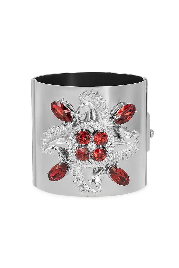 White Finish Swarovski Crystal Horse Motif Handcuff In Sterling Silver by Opalina at Pernia's Pop Up Shop