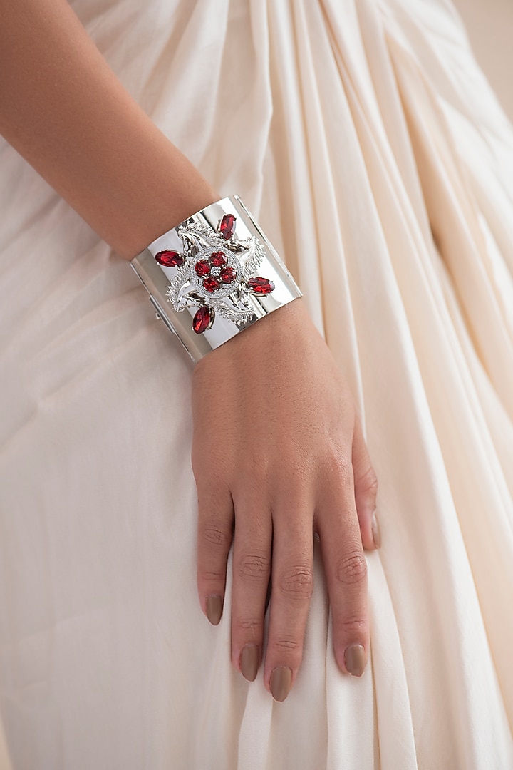 White Finish Swarovski Crystal Horse Motif Handcuff In Sterling Silver by Opalina at Pernia's Pop Up Shop