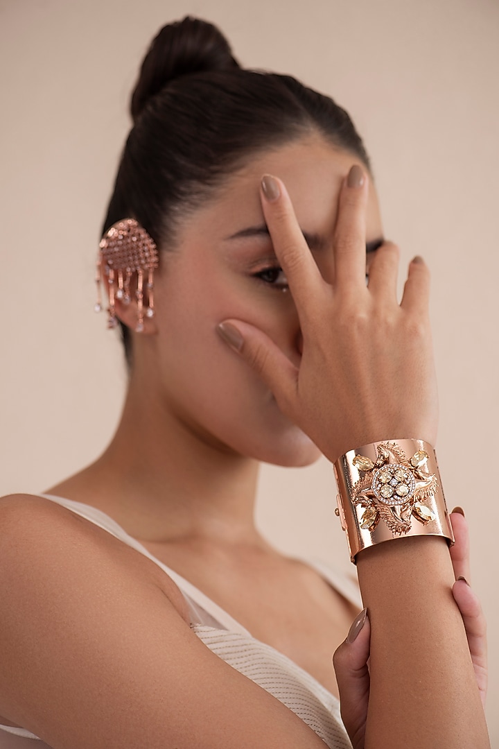 Rose Gold Finish Swarovski Crystal Horse Motif Handcuff In Sterling Silver by Opalina at Pernia's Pop Up Shop