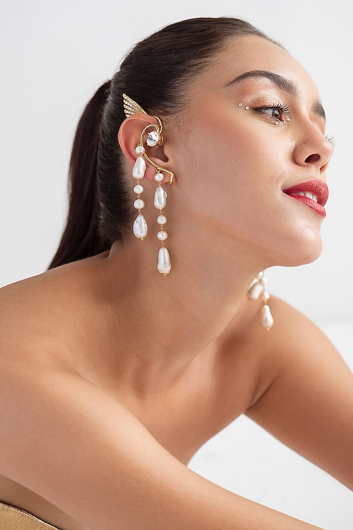 Gold Finish Pearl Earcuffs In Sterling Silver by Opalina at Pernia's Pop Up Shop